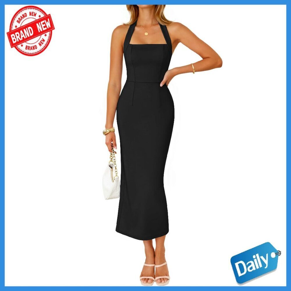 Sleeveless Midi Dress Halter Backless Bodycon Wedding Guest Cocktail Party